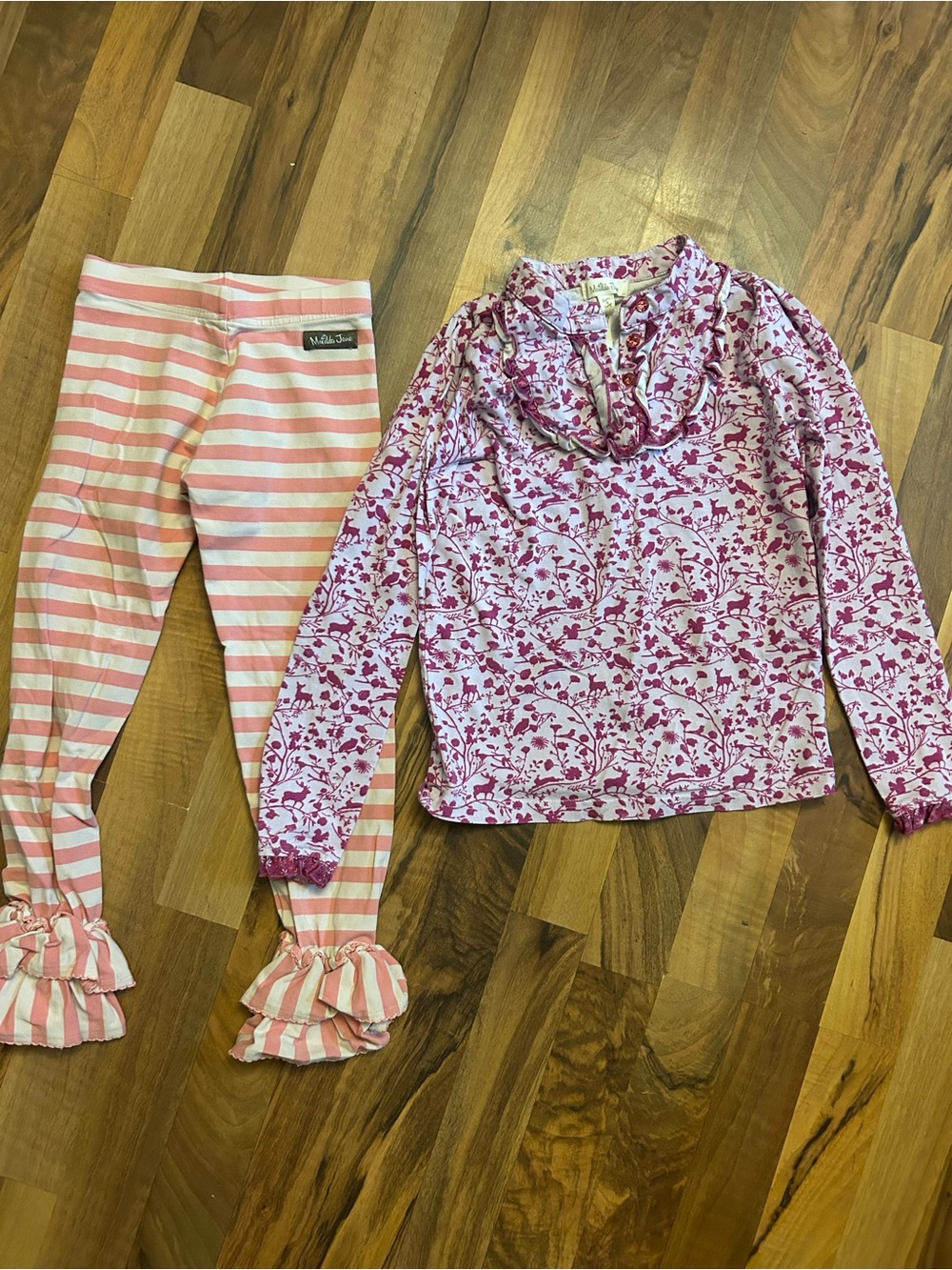 Matilda Jane Girls Size 6 2pc Outfit Set Long Sleeve Top Striped Ruffle Leggings
